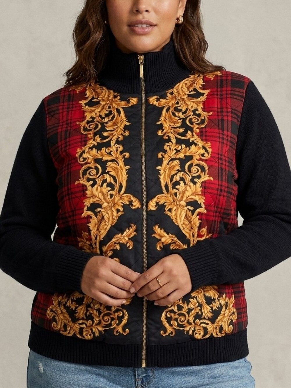 Ralph Lauren Quilted Tartan Plaid & Gold Leaves Zip Jacket Cardigan 1X
